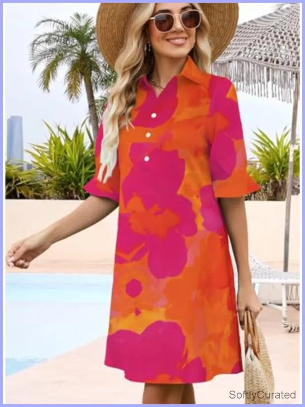 Flowy Shift Dress with Pockets, Button V Neck, Ruffle Short Sleeve, Casual